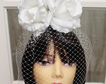 Unique Large White Roses & Orchids Fascinator, hat with veil. Wedding. Boho. Floral. Bride.