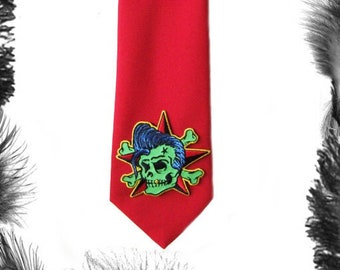 Rockabilly Psychobilly Motif Red Neck Tie.