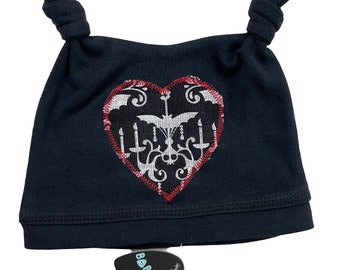 Baby Goth Black with Bat Heart Motif Hat. 0-6 months.