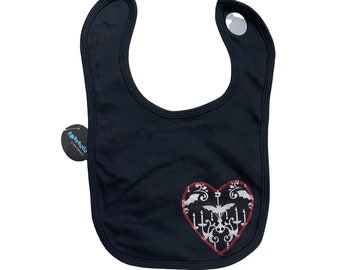 Baby Goth Black with Bat Heart Motif bib.