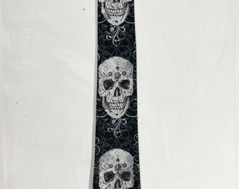 Glitter Skull Neck Tie. Vintage fabric. Gothic. Metal.