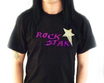 Rock Star Tshirt, Purple Silver Foil Print. Sizes small to XL. Rocker.