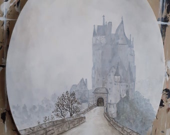 Castle in the mist. Original painting.