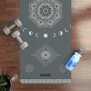 Tapis de yoga personnalisé avec motif mandala | Tapis d'exercice personnalisé gris et rose pour yoga, pilates, méditation | Cadeaux de yoga | Entraînement à domicile | Namaste