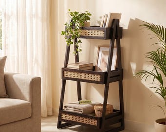 Gofurnisia Scaffale a scala a 3 ripiani in rattan e palissandro massello, stile boho