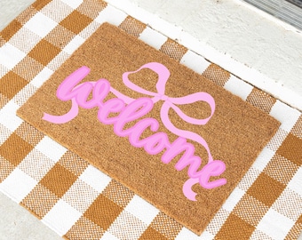 Housewarming Gift Cute Front Door Mat Feminine Home Style Outdoor Rug Girly Entryway Decor Pink Bow Welcome Doormat