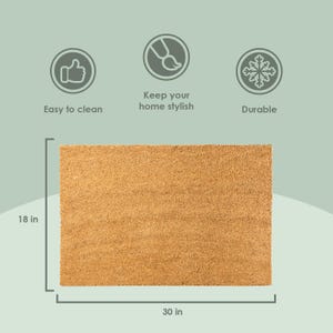 May include: A brown coir doormat measuring 30 inches by 18 inches. The doormat is made of natural fibers and has a textured surface.