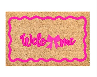 Hot Pink Bow Welcome Doormat Cute Preppy Girly Coquette Decor