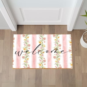 Pink Floral Welcome Mat – Cute Doormat with Flowers, Front Porch Decor, Aesthetic Entry Rug, Spring Welcome Door Mat, Housewarming Gift