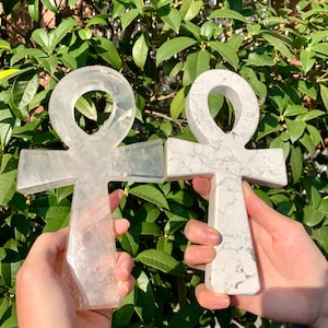 Handmade Crystal ANKH Sculpture: Howlite & Clear Quartz Decor (8&#39;&#39;)