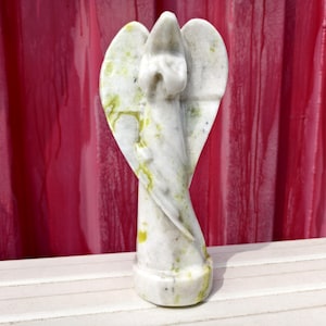 Hand-Carved Olive Jade Angel Sculpture: Gemstone Desk Decor