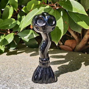 Hand-Carved Obsidian Pumpkin Skull Broom Figurine: Halloween Decor