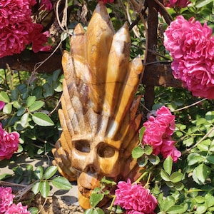 Hand Carved Ocean Jasper Skull Sculpture: Metaphysical Crystal Decor