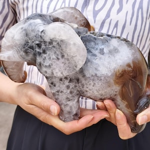 瑪瑙 ジオード 象の置物 瑪瑙ジオード象の置物：天然水晶彫刻、室内装飾（6.5x4x3.5