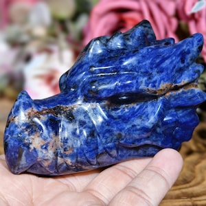 Handgeschnitzte Sodalith-Drachenkopf-Schädel-Skulptur, natürliche Kristall-Drachenschädel-Dekor, Wohnkultur, Kristallheilung Schnitzereien, zufällig