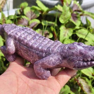 Hand-carved Lepidolite Crocodile Sculpture, Crystal Crocodile Carving, Purple Crystal Crocodile Decor, Crystal Healing, Rare Crocodile Gift