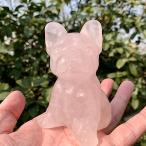 Handmade Rose Quartz Bulldog Sculpture: Crystal Dog Decor (3.7 inch)