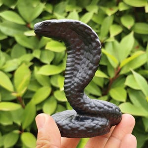 Hand Carved Black Obsidian Snake Figurine: Crystal Cobra Sculpture