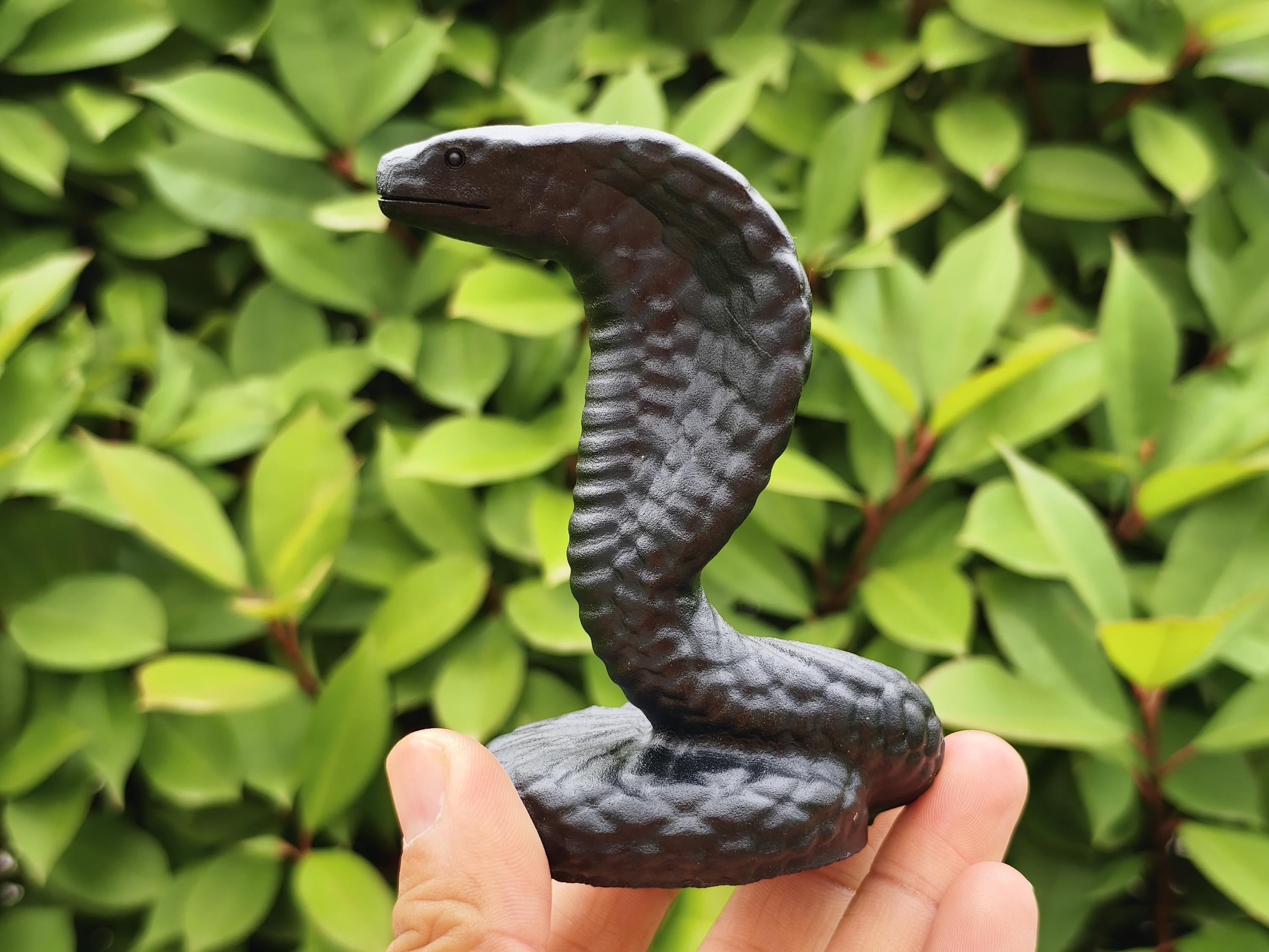 Hand Carved Black Obsidian Snake Figurine: Crystal Cobra Sculpture