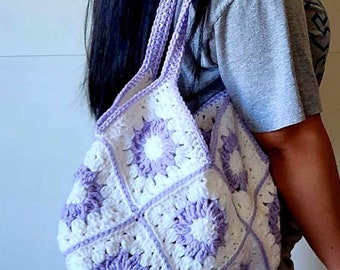 Crochet Flower Granny Square Tote Bag, Heart granny square Tote Bag, shoulder tote bag