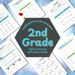 Peut inclure: Une collection de feuilles de travail éducatives de 2e année pour les mathématiques et les arts du langage. Les feuilles de travail comprennent le séquençage des nombres, l'addition, la soustraction et les noms pluriels irréguliers. Le texte "Unofficial End-of-year Assessment" est également présent.