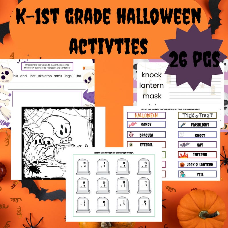 Kindergarten 1st Grade Halloween Activity Bundle Math and ELA