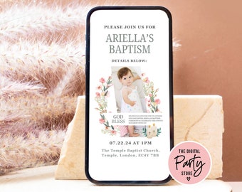 Evite el bautismo, invitación de la niña del bautismo, invitación de bautismo floral minimalista, plantilla de Canva de bautismo electrónico, invitación de bautismo digital