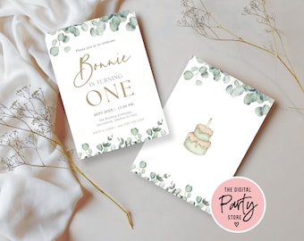 Botanical First Birthday Party Invitation, Eucalyptus 1st Birthday Invite, Greenery Party Invite, One birthday Invite, Foliage 1st Invite
