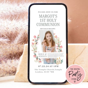 Boho Blush Heilige Kommunion digitale Einladung Wildblumen rosa Rose Erste heilige Kommunion Telefon einladen Vorlage elektronischen Text Telefon einladen