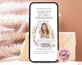Boho Blush Holy Communion digital Invitation wildflower pink rose First holy communion phone invite Template Electronic text Phone Invite