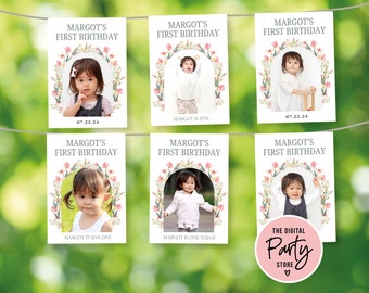 Wildflower First Birthday Photo Banner, Milestone Wildflower Birthday banner, Girl 1st Birthday, First Birthday Decorations, One, Template