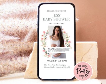 Wildflower Baby Shower Digital Evite Template, Text Evite Editable, Electronic Baby Shower Invitation, Boho Baby Shower Digital Invite Canva