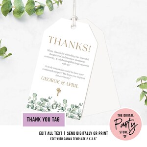 May include: White thank you tag with gold text that reads "THANKS!" and a message. The tag has a eucalyptus leaf design at the bottom and the names "GEORGE & APRIL". A pink circle logo says "THE DIGITAL Party STORE".