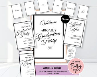 Pacote de formatura elegante, Placa minimalista para festa de formatura, Decoração estética para festa de formatura, Modelo de formatura editável no Canva, Estudante