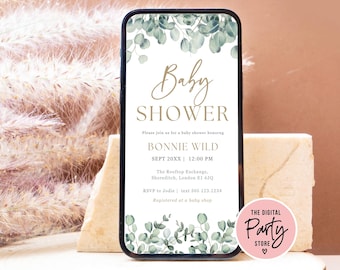 Botanical Baby Shower Digital Evite Template, Text Evite Editable, Electronic Baby Shower Invitation, Foliage Baby Shower Digital Invite