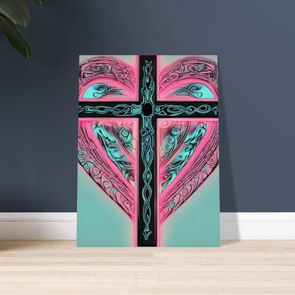 WALL Decor Neon pink and Teal Heart and Cross