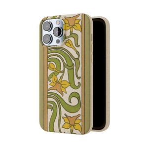 May include: A phone case with a floral design featuring yellow and green flowers on a beige background. The case is made from a sustainable material.