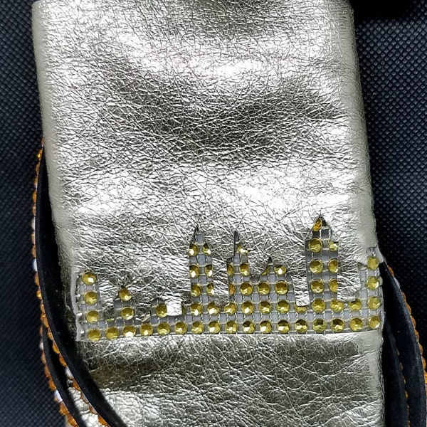 Metallic Gold Genuine Lambskin Cell phone Pouch, Fully Fleece lined,  Gold Rhinestone Neckstrap,  Citiscape-Skyline Design, Under 25 Dollars