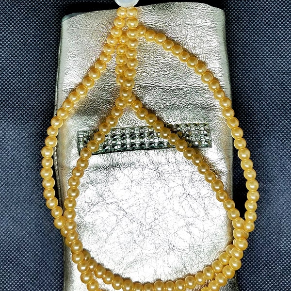 Metallic "Real" Gold Genuine Lambskin Cell phone Pouch, Fleece lined,  Gold Pearl Neckstrap,  Matching rectangular Design, Under 25 Dollars