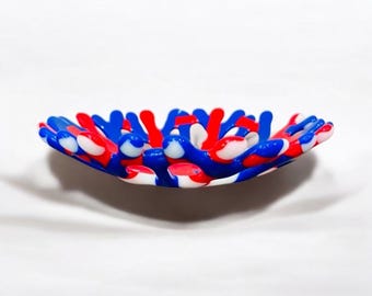 Glass Coral Bowl, Red White and Blue Decor, Fused Glass Coral Bowl, Americana Decor, 6&quot; Coral Bowl,  Beach Coral Glass Bowl, Gift