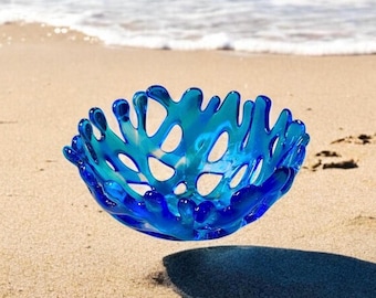 Ocean Themed Glass Coral Bowl, Fused Glass Art, Beach Bowl, Ocean Blue, Ocean Life, Beach Theme, Table Decor, Shelf Art, Coastal Gift Ideas