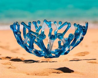 Coral Bowl, Fused Glass Art, Large 8&quot; Coral Bowl, Turquoise Blue Transparent Sea Glass, Beach Coral Glass Bowl