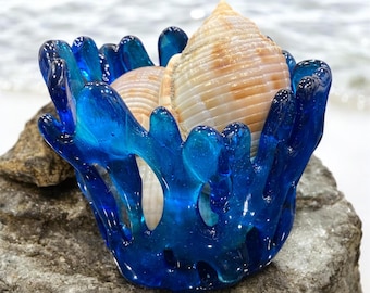 Candle Holder, Coral Bowl, Fused Glass, Gift, Votive Holder, Glass Vase, Handmade, Colorful, Blue, Home Decor, Candlestick