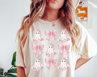Kokettes Halloween-Hemd, Kokette rosa Bogen-Geist-Hemden, niedliches Geist-Grafik-T-Shirt, rosa Kokette Halloween-T-Shirt, rosa gruselige Vibes-Hemden
