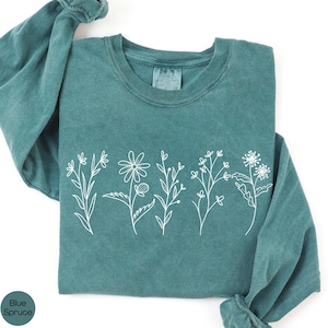 Camiseta de manga larga con estampado floral cottagecore, camiseta para amantes de la naturaleza, moda de primavera, estilo bohemio, camiseta botánica, camiseta con flores, flores de colores cómodos