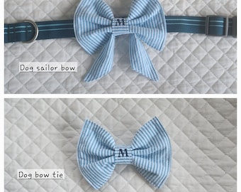 Seersucker Dog Bow Tie or Sailor Bow Tie, Personalized with 1 letter, Turquoise and White Stripes, Pet Neckwear and Accessories