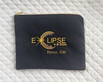 Eclipse 2024 zipper pouch, customized to the town you saw the eclipse, Memento, Personalized Souvenir