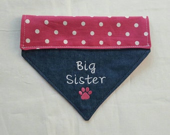 Big Sister Dog Bandana, Paw Print, Hot Pink White Dots, Pet Accessories, Dogs, New Baby, Pet Clothing Neckwear, Baby Announcement