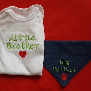 Big Sister OR Big Brother Dog Bandana with Little Brother Baby Bodysuit, New Baby Announcement, Shower Gift, Embroidered image 1