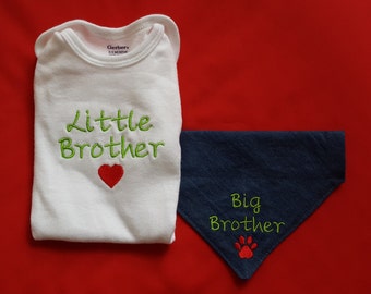 Big Sister OR Big Brother Dog Bandana with Little Brother Baby Bodysuit, New Baby Announcement, Shower Gift, Embroidered